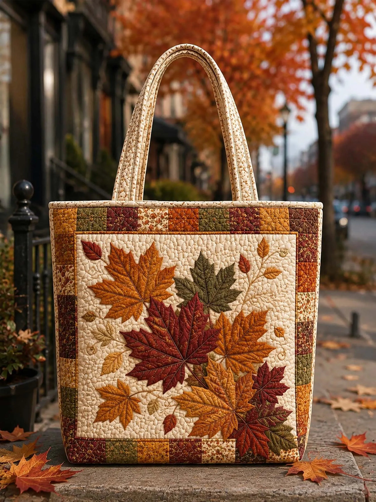 Harvest Season Maple Leaf Appliqué Quilted Tote Bag